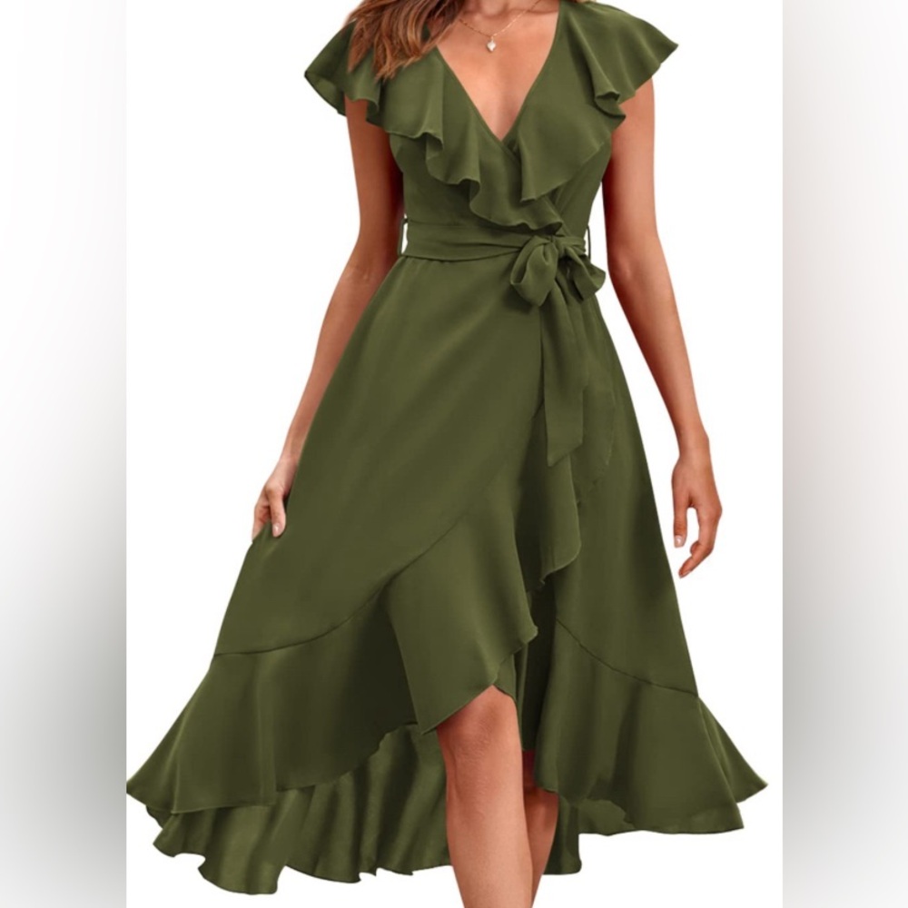 Army green Wrap Midi Dress V Neck Short Sleeve Ruffle Hem. NEVER WORN.